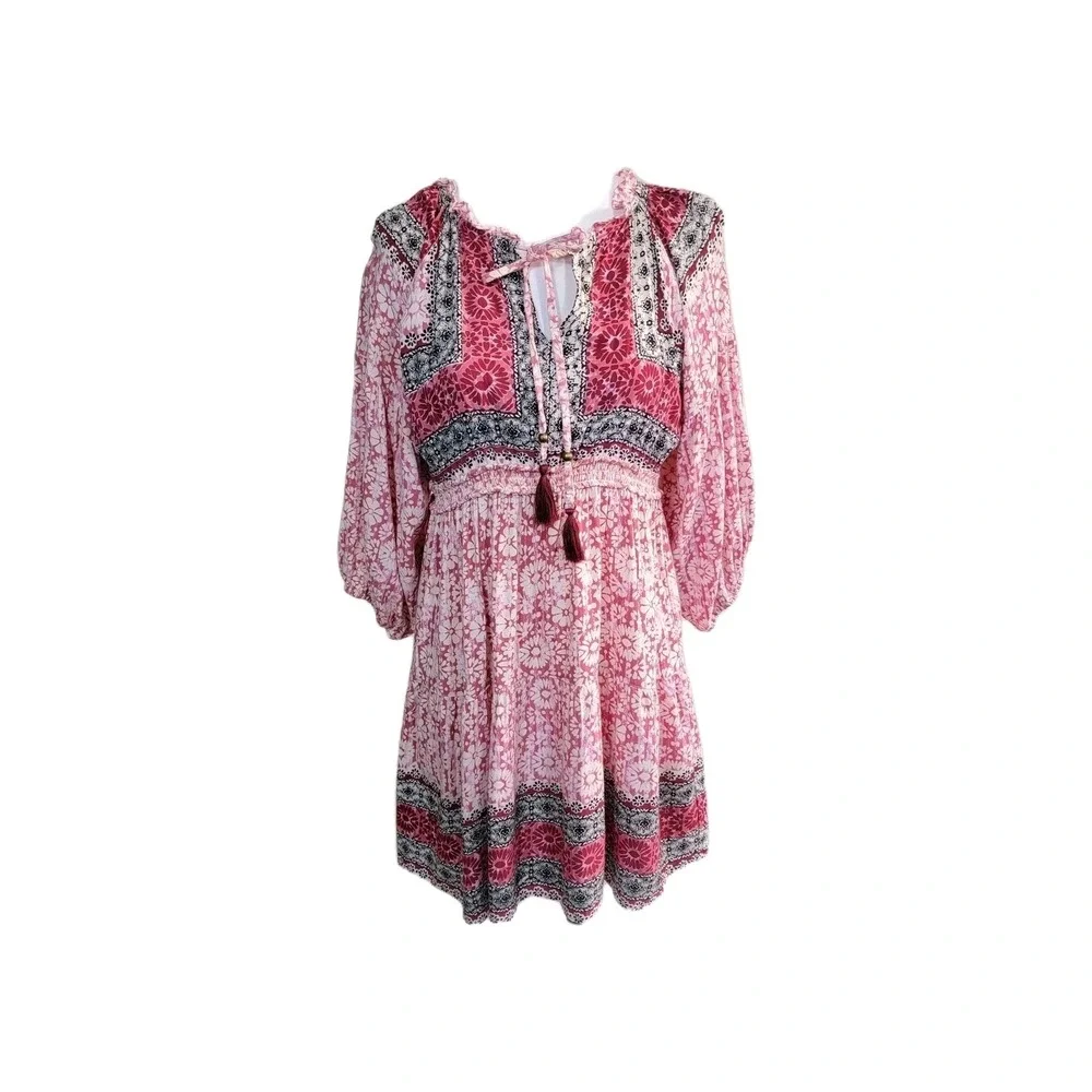 Angie Mini Dress Womens Medium Pink Floral Medallion Smocked Waist Boho Cowgirl
